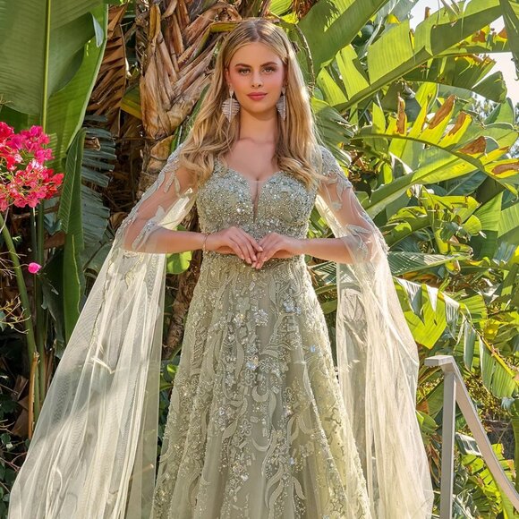 New Rhinestones Embellished Mesh MOB Gown w/ Cape Sleeves & Layered Skirt GL3838 - Picture 4 of 14